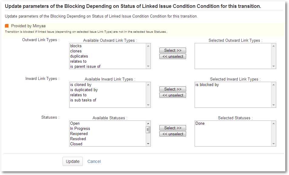 Edit Block Linked Issues depending on Status Condition